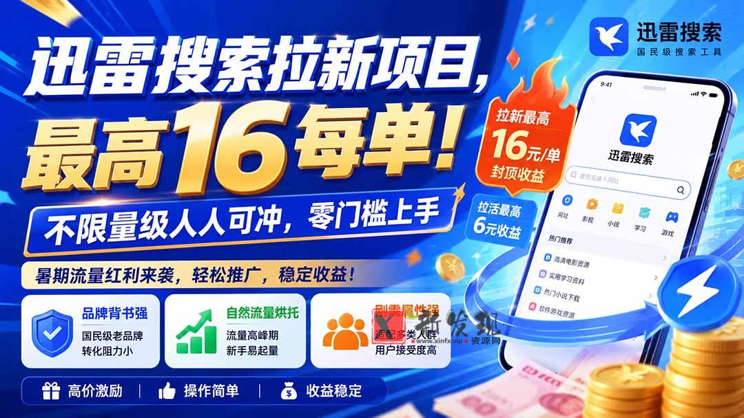 （20229期）迅雷搜索拉新项目-更新9月，最高16元/每单！不限量级人人可冲，零门槛上手-新发现资源网