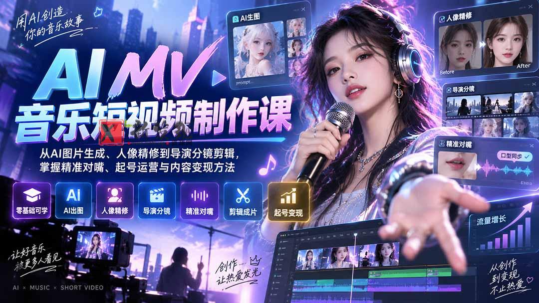 （20364期）AI MV音乐短视频制作课：从AI图片生成、人像精修到导演分镜剪辑，掌握精准对嘴、起号运营与内容变现方法-新发现资源网
