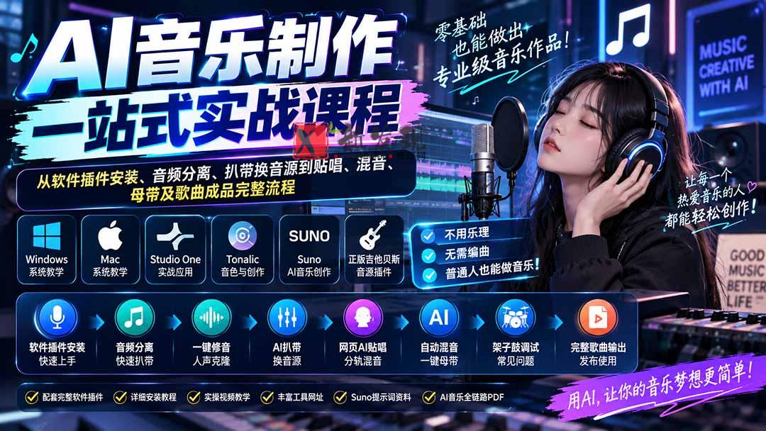 （20490期）AI音乐制作一站式实战课程：从软件插件安装、音频分离、扒带换音源到贴唱、混音、母带及歌曲成品完整流程-新发现资源网