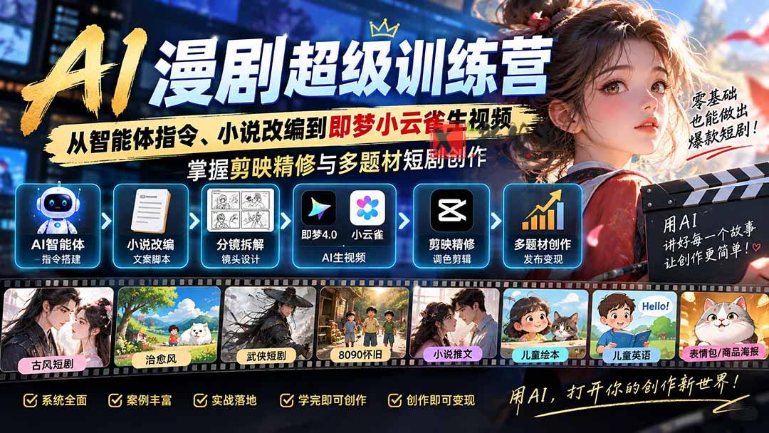 （20491期）AI漫剧超级特训营：从智能体指令、小说改编到即梦小云雀生视频，掌握剪映精修与多题材短剧创作-新发现资源网