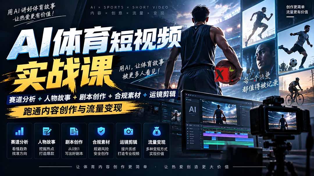 (20515期)AI体育短视频赛道顶级玩法|赛道分析+人物故事+剧本创作+版权处理+运镜剪辑,跑通流量变现-日赚1K+-新发现资源网