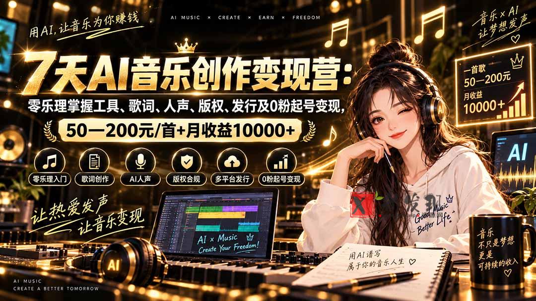 （20442期）AI音乐创作变现营：零乐理掌握工具、歌词、人声、版权、发行及0粉起号变现，50—200元/首+月收益10000+-新发现资源网