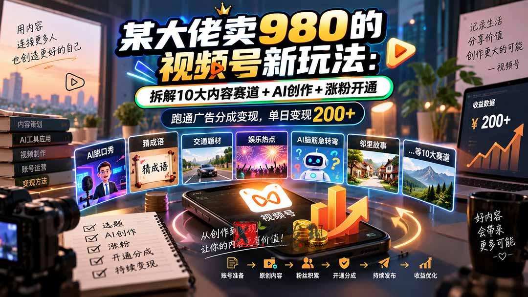 （20572期）某大佬卖980的视频号新玩法：拆解10大内容赛道+AI创作+涨粉开通，跑通广告分成变现，单日变现200+-新发现资源网