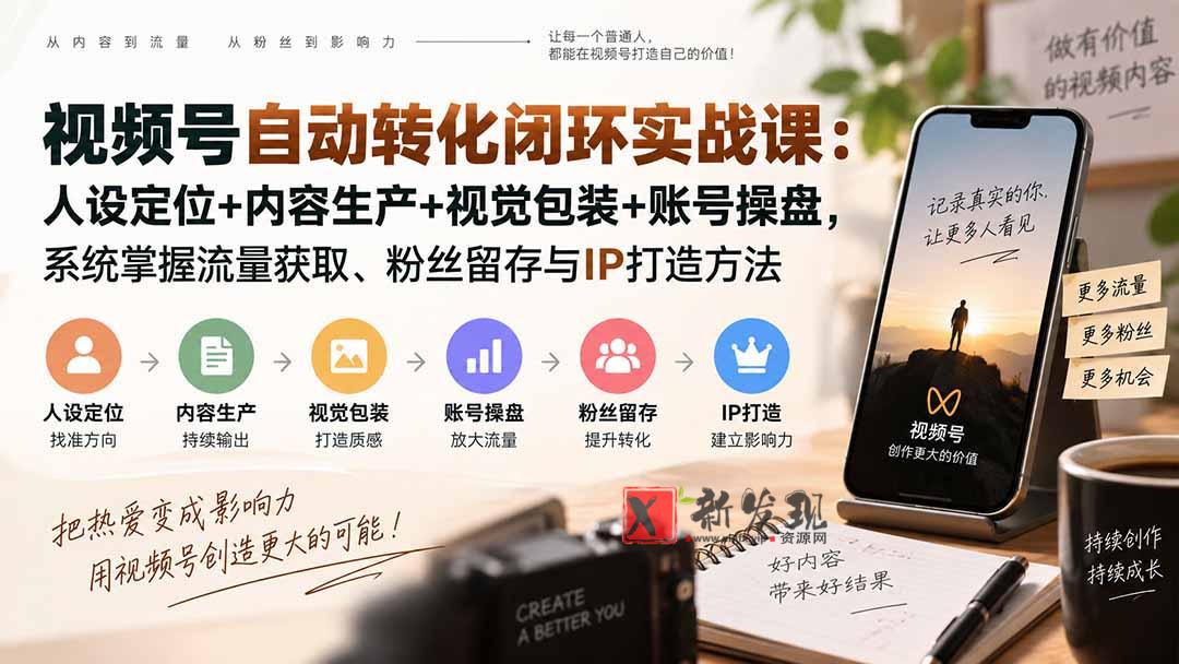 （20327期）视频号自动转化闭环实战课：人设定位+内容生产+视觉包装+账号操盘，系统掌握流量获取、粉丝留存与IP打造方法-新发现资源网