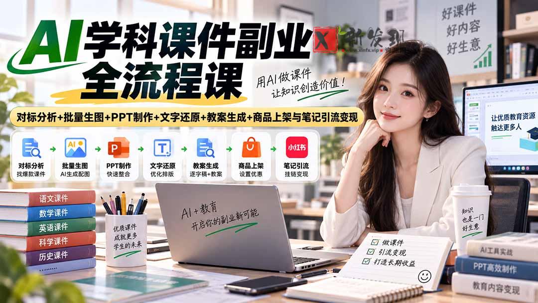 (20469期)AI学科课件副业全流程课|对标分析+批量生图+PPT制作+文字还原+教案生成+商品上架与笔记引流变现-新发现资源网