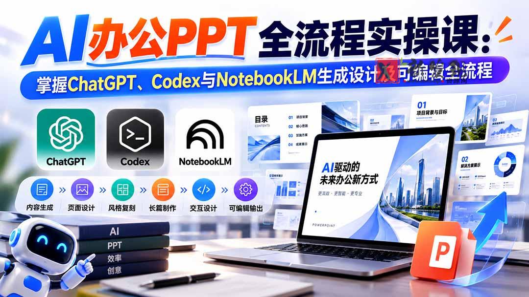 【无水印】AI办公PPT全流程实操课： 掌握ChatGPT、Codex与NotebookLM生成设计及可编辑全流程-新发现资源网