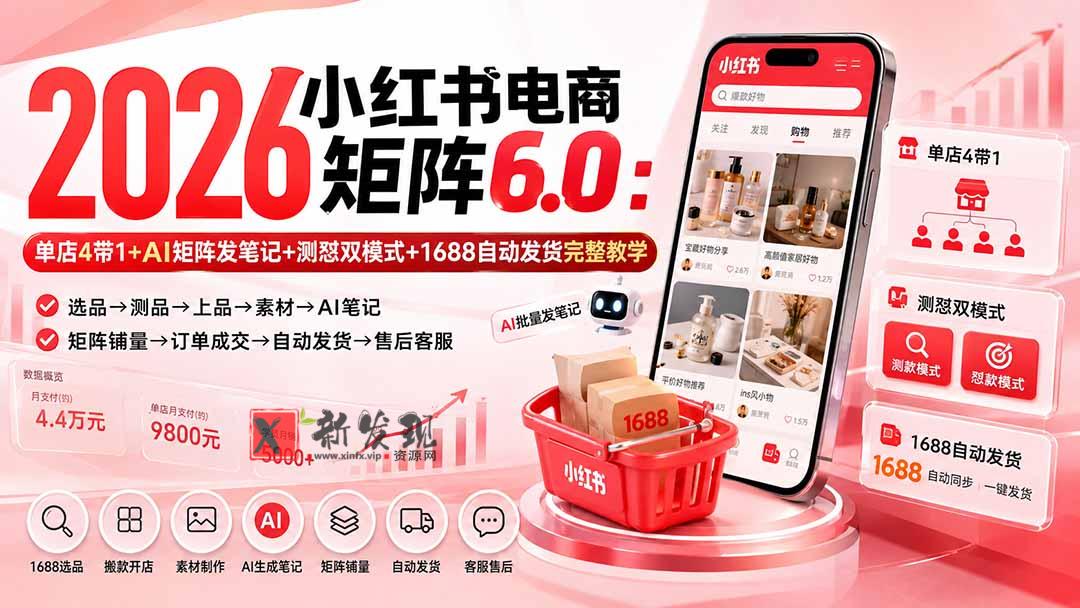 （20310期）2026小红书电商矩阵6.0：单店4带1+AI矩阵发笔记+测怼双模式+1688自动发货完整教学-新发现资源网