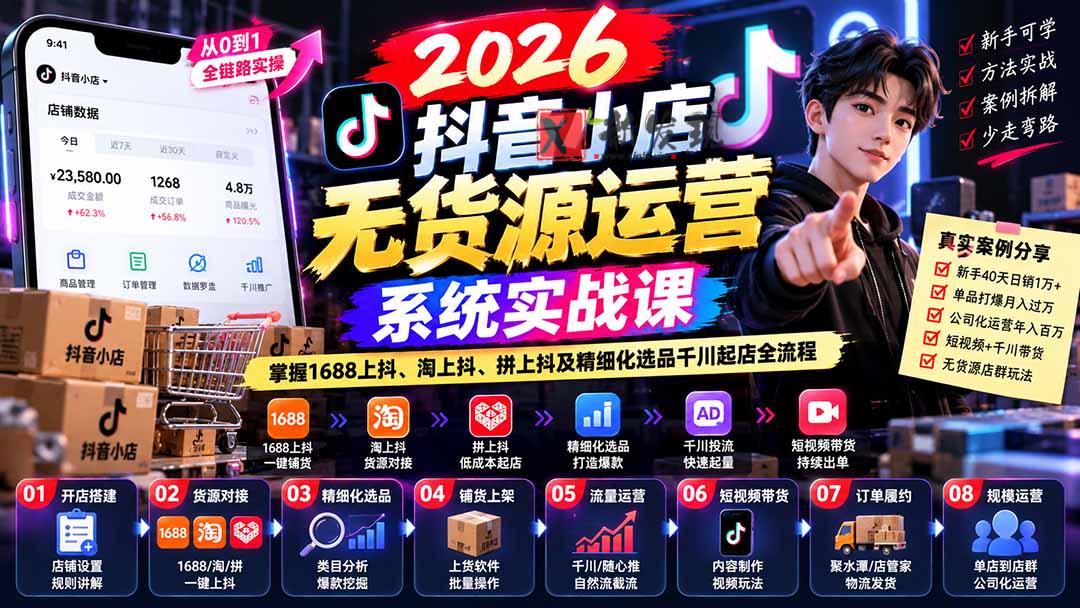 2026抖音小店无货源运营系统实战课：掌握1688上抖、淘上抖、拼上抖及精细化选品千川起店全流程-新发现资源网