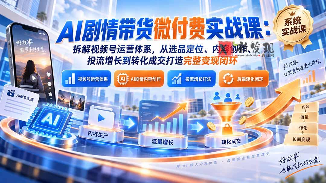 （20611期）AI剧情带货微付费实战课：拆解视频号运营体系，从选品定位、内容创作、投流增长到转化成交打造完整变现闭环-新发现资源网