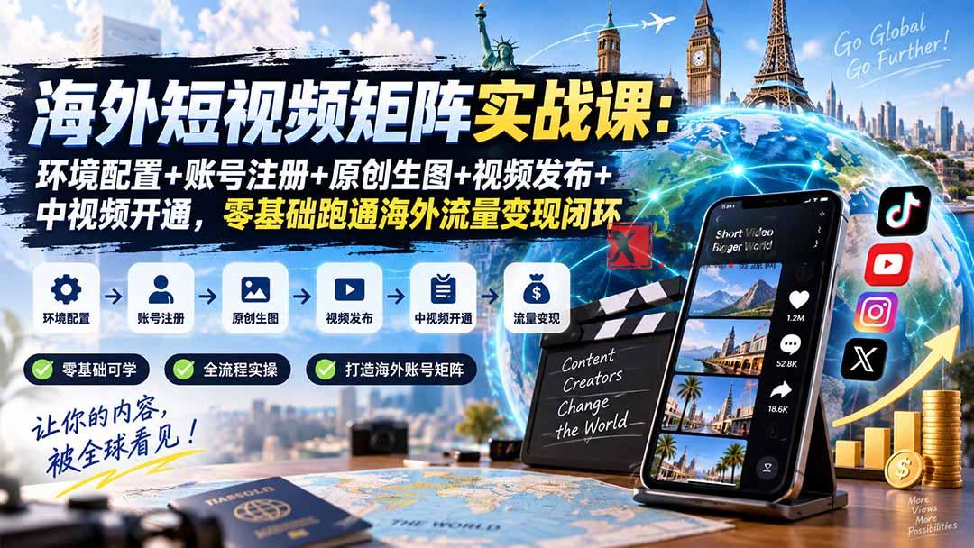 （20470期）海外短视频矩阵实战课：环境配置+账号注册+原创生图+视频发布+中视频开通，零基础跑通海外流量变现闭环-新发现资源网