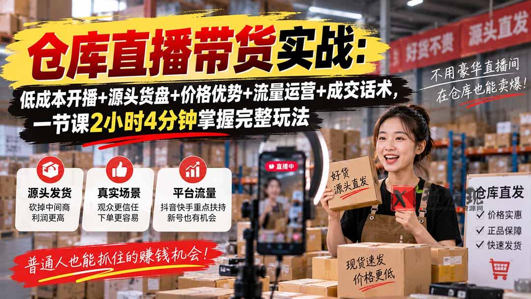 （20471期）仓库直播带货实战：低成本开播+源头货盘+价格优势+流量运营+成交话术，一节课2小时4分钟掌握完整玩法-新发现资源网