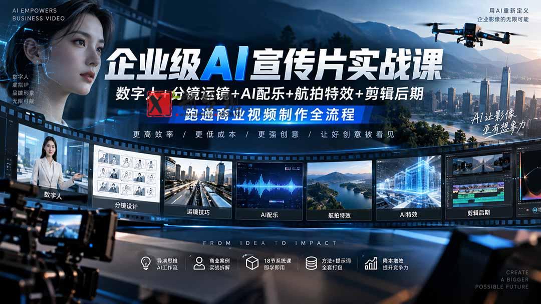 (20548期)企业级AI宣传片实战课|数字人+分镜运镜+AI配乐+航拍特效+剪辑后期,跑通商业视频制作全流程-新发现资源网