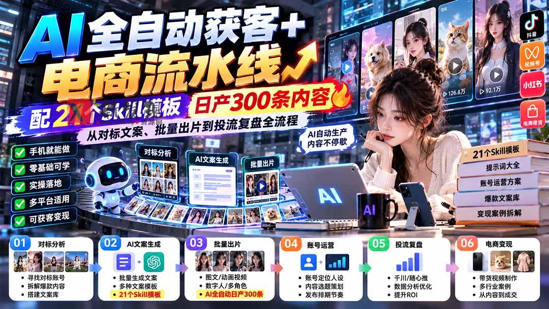 AI全自动获客+电商流水线：配21个Skill模板，日产300条内容，从对标文案、批量出片到投流复盘全流程-新发现资源网