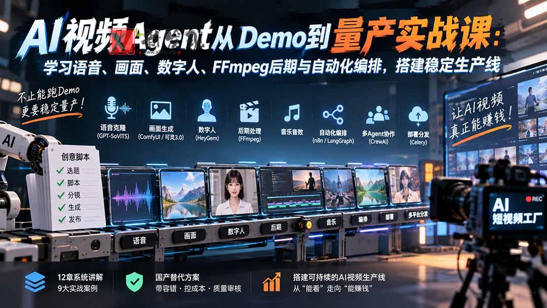 （20451期）AI视频Agent从Demo到量产实战课：学习语音、画面、数字人、FFmpeg后期与自动化编排，搭建稳定生产线-新发现资源网