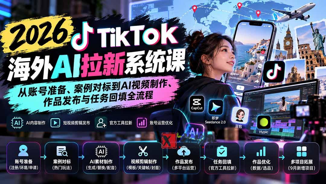 【无水印】2026 TikTok海外AI拉新系统课：从账号准备、案例对标到AI视频制作、作品发布与任务回填全流程-新发现资源网