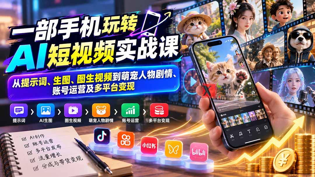 一部手机玩转AI短视频实战课：从提示词、生图、图生视频到萌宠人物剧情、账号运营及多平台变现-新发现资源网