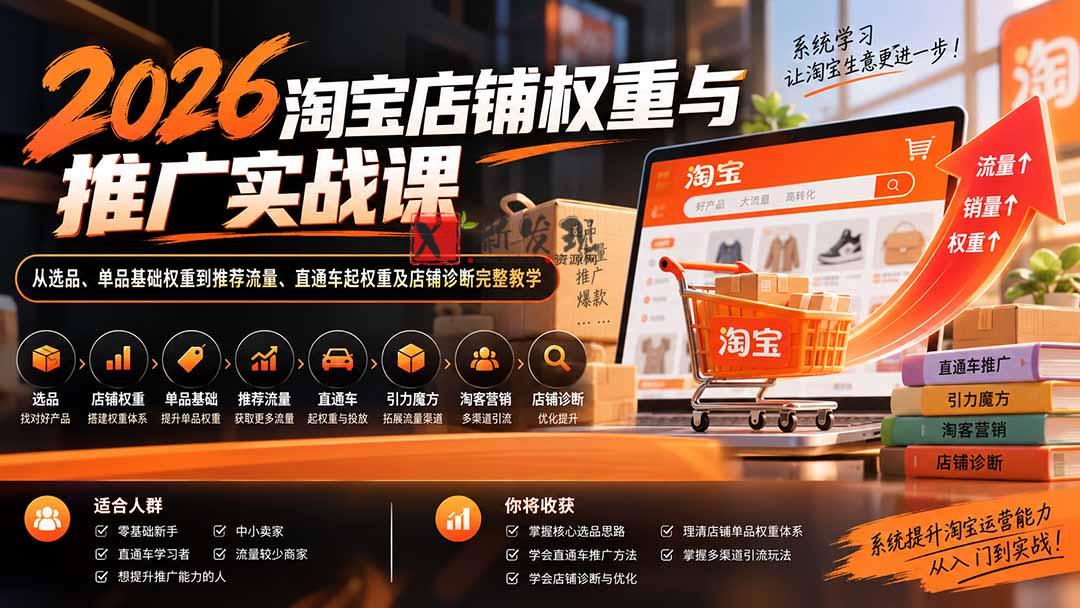 (20411期)2026淘宝店铺权重与推广实战课:从选品、单品基础权重到推荐流量、直通车起权重及店铺诊断完整教学-新发现资源网