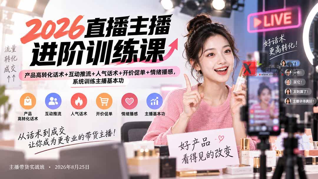 （20408期）2026直播主播进阶训练课：产品高转化话术+互动推流+人气话术+开价促单+情绪播感，系统训练主播基本功-新发现资源网