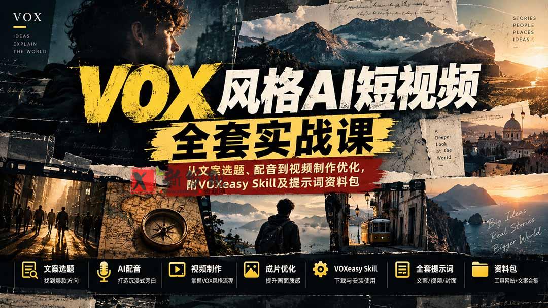【无水印】VOX风格AI短视频全套实战课：从文案选题、配音到视频制作优化，附VOXeasy Skill及提示词资料包-新发现资源网