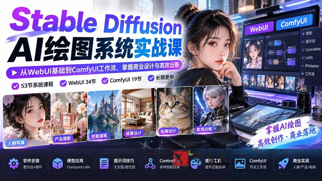 Stable Diffusion AI绘图系统实战课：从WebUI基础到ComfyUI工作流，掌握商业设计与高效出图-新发现资源网