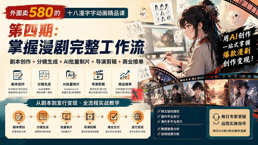 （20500期）外面卖580的十八漫字字动画精品课-第四期-刷新：剧本创作+分镜生成+AI批量制片+导演剪辑+商业接单，漫剧完备事务流-新发现资源网
