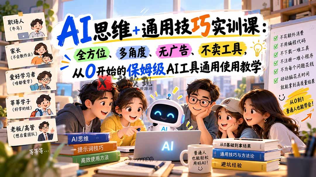 AI思维+通用技巧实训课：全方位、多角度、无广告、不卖工具，从0开始的保姆级AI工具通用使用教学-新发现资源网