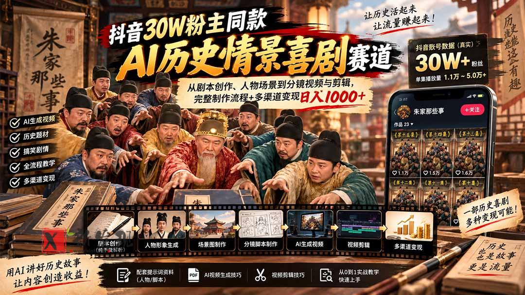 （20613期）抖音30W粉博主同款AI历史情景喜剧赛道：从剧本创作、人物场景到分镜视频与剪辑，完整制作流程+多渠道变现日入1000+-新发现资源网