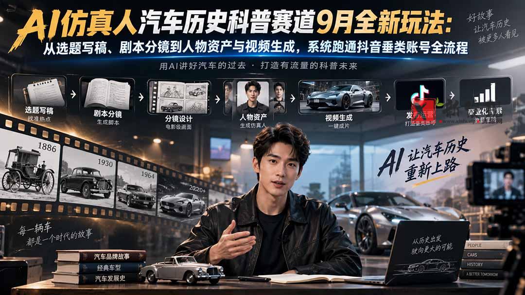 （20413期）AI仿真人汽车历史科普赛道9月全新玩法：从选题写稿、剧本分镜到人物资产与视频生成，系统跑通抖音垂类账号全流程-新发现资源网