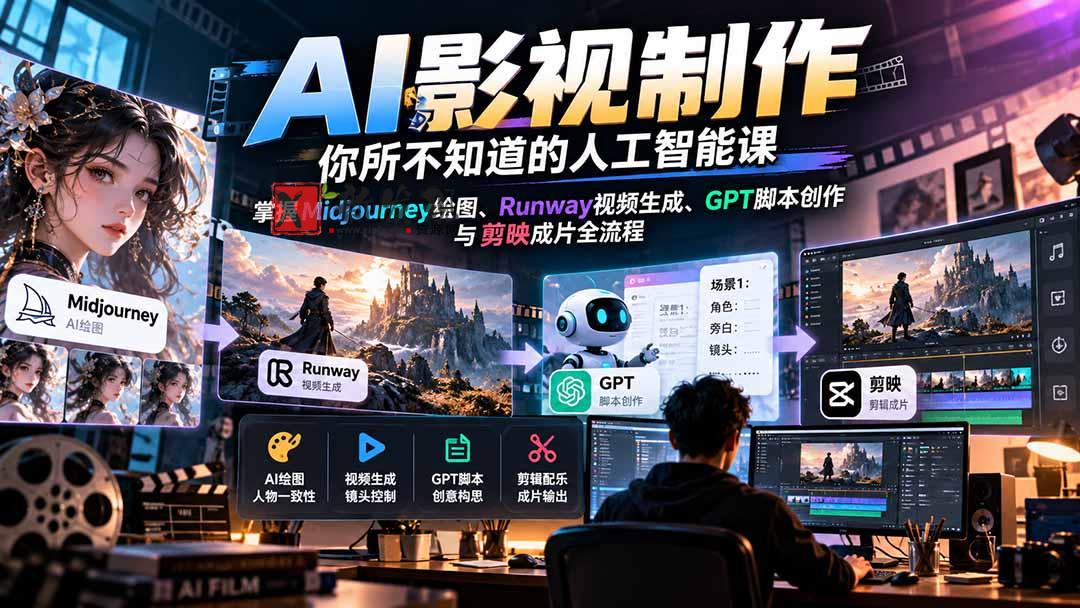 AI影视制作-你所不知道的人工智能课，掌握Midjourney绘图、Runway视频生成、GPT脚本创作与剪映成片全流程-新发现资源网