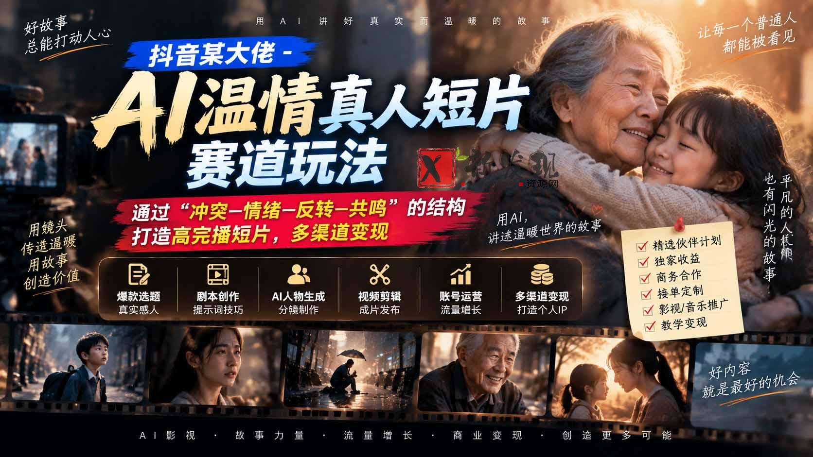 (20538期)抖音某大佬-AI温情真人短片赛道玩法:通过“冲突—情绪—反转—共鸣”的结构打造高完播短片,多渠道变现-新发现资源网