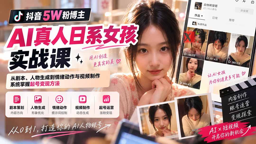 （20387期）抖音5W粉博主AI真人日系女孩实战课：从剧本、人物生成到情绪动作与视频制作，系统掌握起号变现方法-新发现资源网