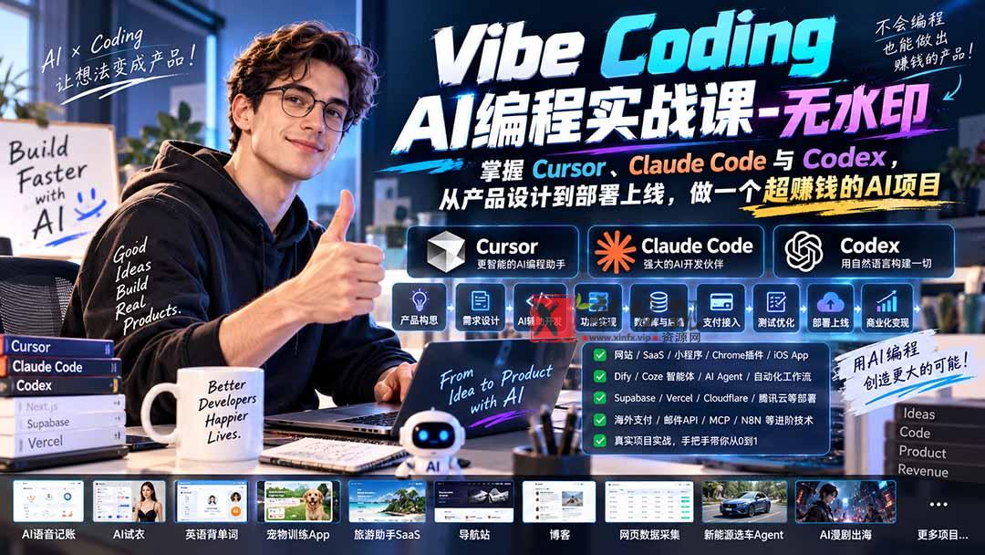 （20431期）Vibe Coding AI编程实战课-无水印：掌握Cursor、Claude Code与Codex，从产品设计到部署上线，做一个超赚钱的AI项目-新发现资源网