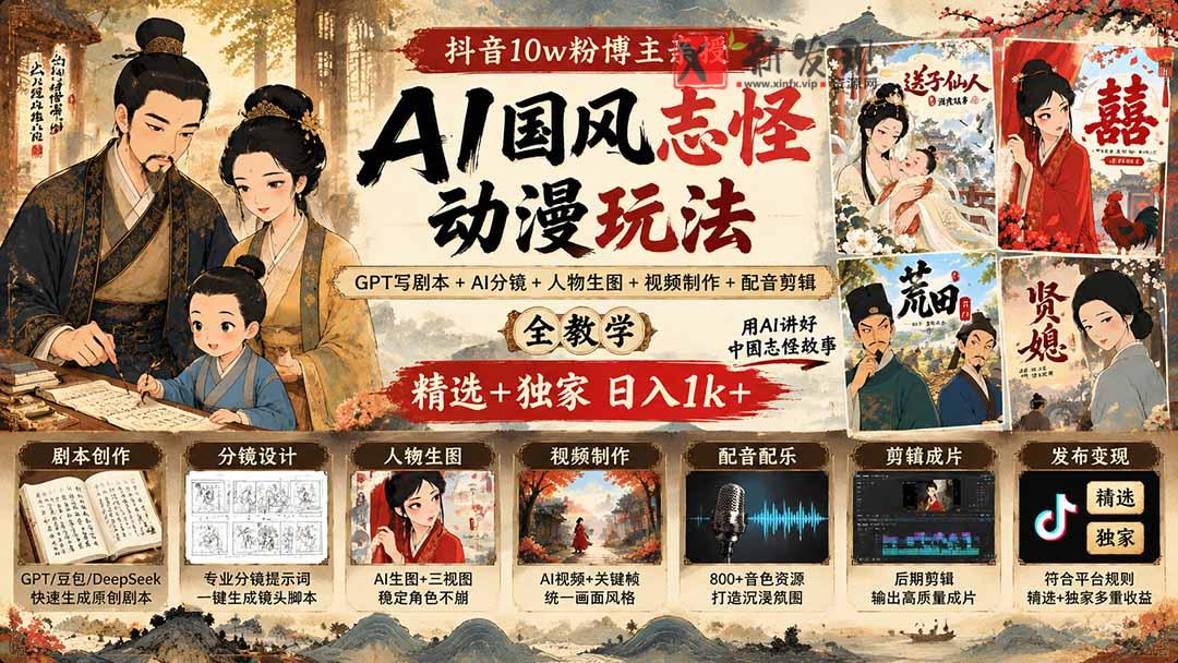 (20538期)抖音10w粉博主亲授AI国风志怪动漫玩法|GPT写剧本+AI分镜+人物生图+视频制作+配音剪辑全教学|精选+独家日入1k+-新发现资源网