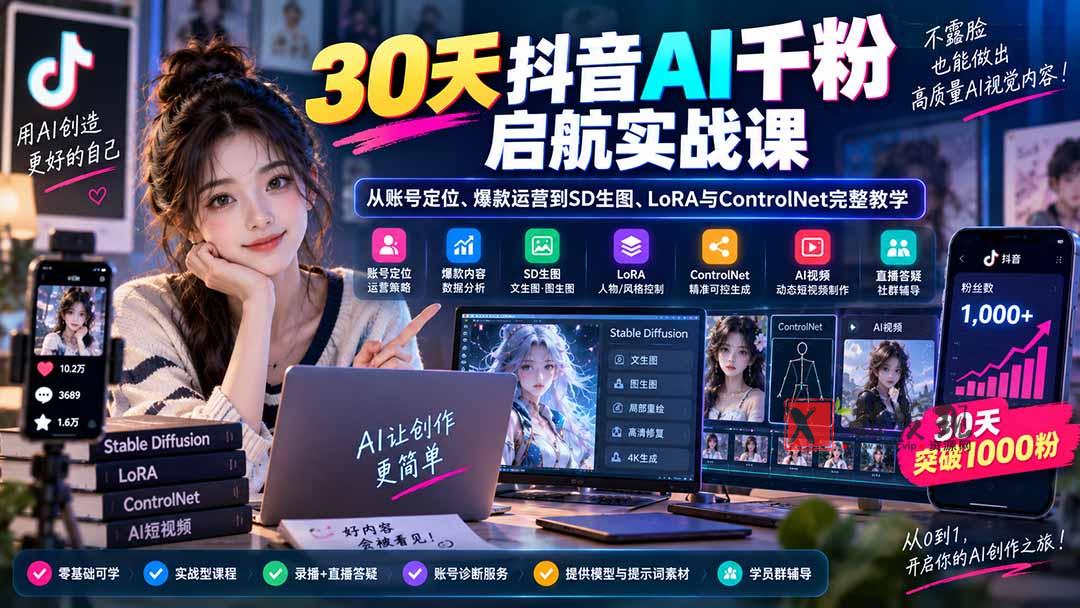 (20291期)30天抖音AI千粉启航实战课:从账号定位、爆款运营到SD生图、LoRA与ControlNet完整教学-新发现资源网