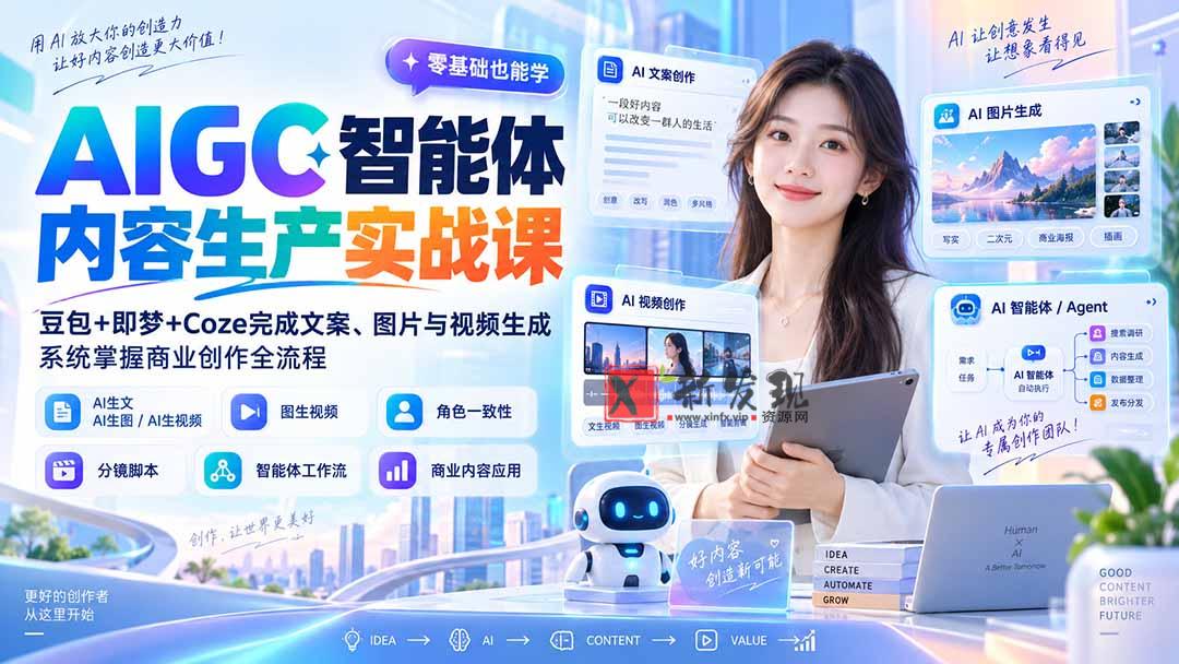 （20372期）AIGC智能体内容生产实战课：豆包+即梦+Coze完成文案、图片与视频生成，系统掌握商业创作全流程-新发现资源网