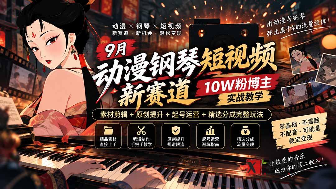 (20506期)9月动漫钢琴短影片新赛道|10W粉博主实战教学,素材剪辑+原创提高+起号运营+精选分成完善玩法-新发现资源网