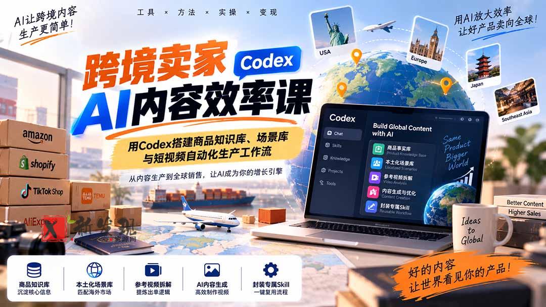 （20595期）跨境卖家AI内容效率课：用Codex搭建商品知识库、场景库与短视频自动化生产工作流-新发现资源网