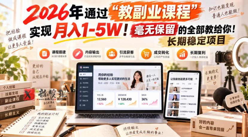 2026年通过“教副业”实现月入1-5W！毫无保留的全部教给你！长期稳定项目-新发现资源网