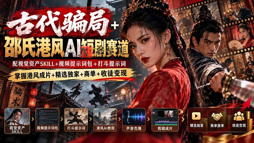 古代骗局+邵氏港风AI短剧赛道：配视觉资产SKILL+视频提示词包+打斗提示词，掌握港风成片+精选独家+商单+收徒变现-新发现资源网