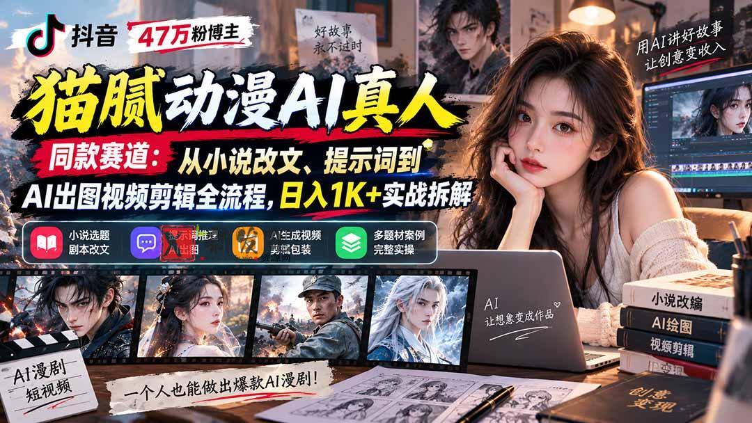 (20524期)抖音47万粉博主猫腻动漫AI真人同款赛道:从小说改文、提示词到AI出图视频剪辑全流程,日入1K+实战拆解-新发现资源网