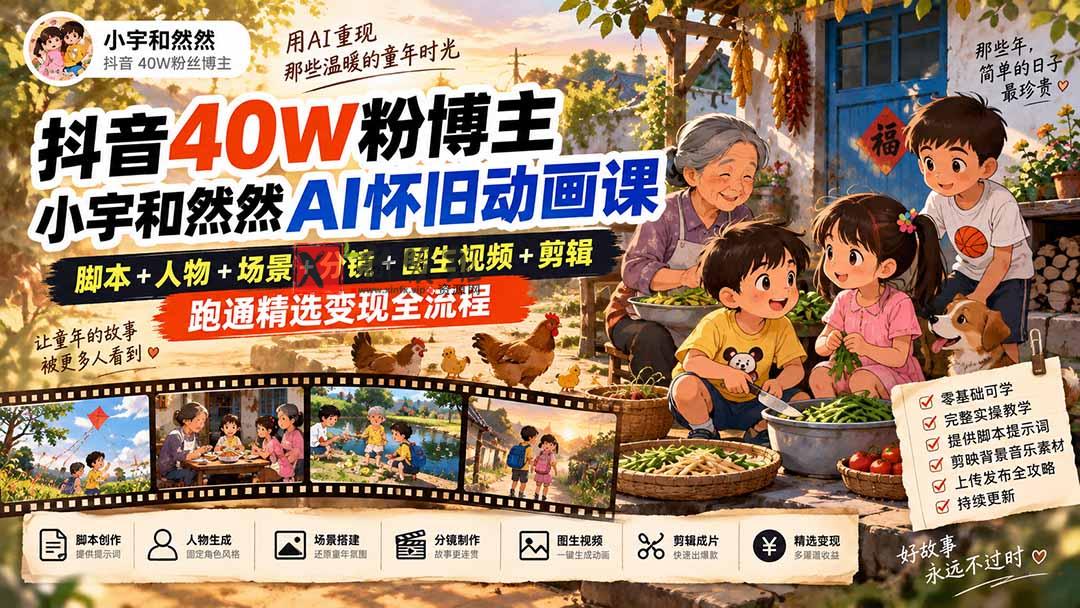 (20549期)抖音40W粉博主小宇和然然AI怀旧动画课|脚本+人物+场景+分镜+图生视频+剪辑,跑通精选变现全流程-新发现资源网