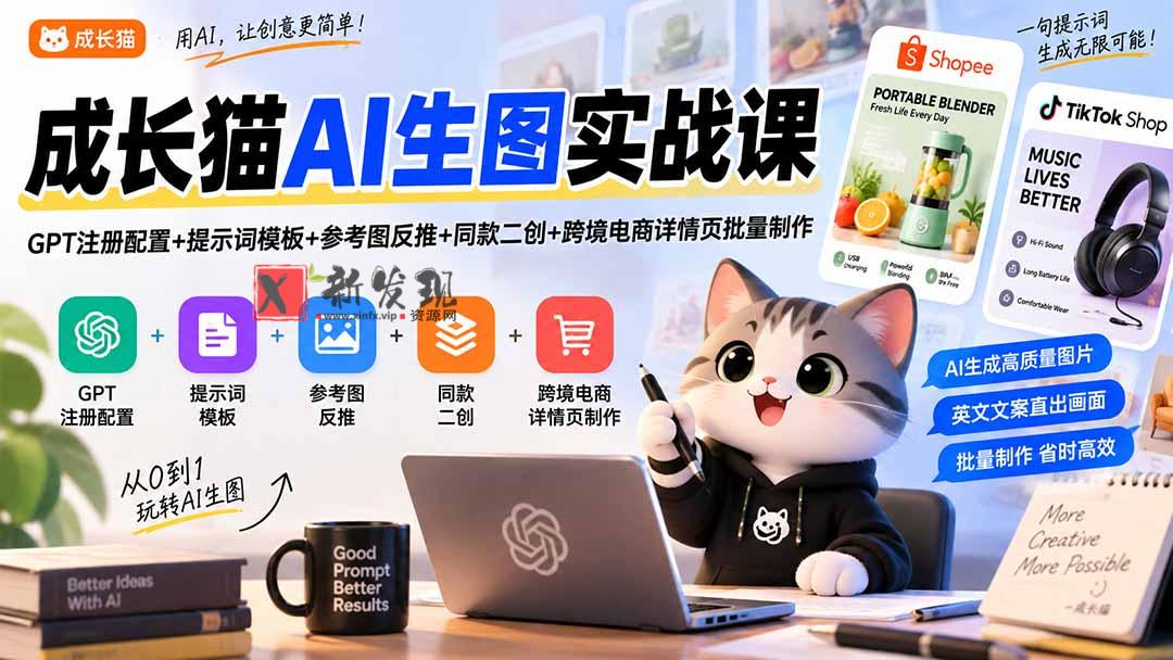 （20482期）成长猫AI生图实战课｜GPT注册配置+提示词模板+参考图反推+同款二创+跨境电商详情页批量制作-新发现资源网