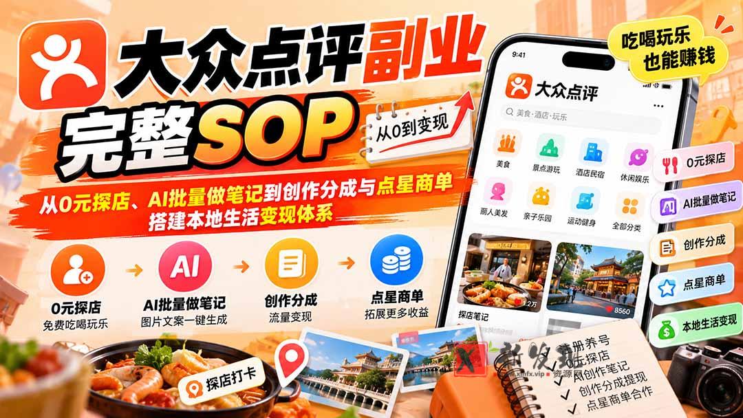 （20638期）【无水印】大众点评副业完整SOP：从0元探店、AI批量做笔记到创作分成与点星商单，搭建本地生活变现体系-新发现资源网