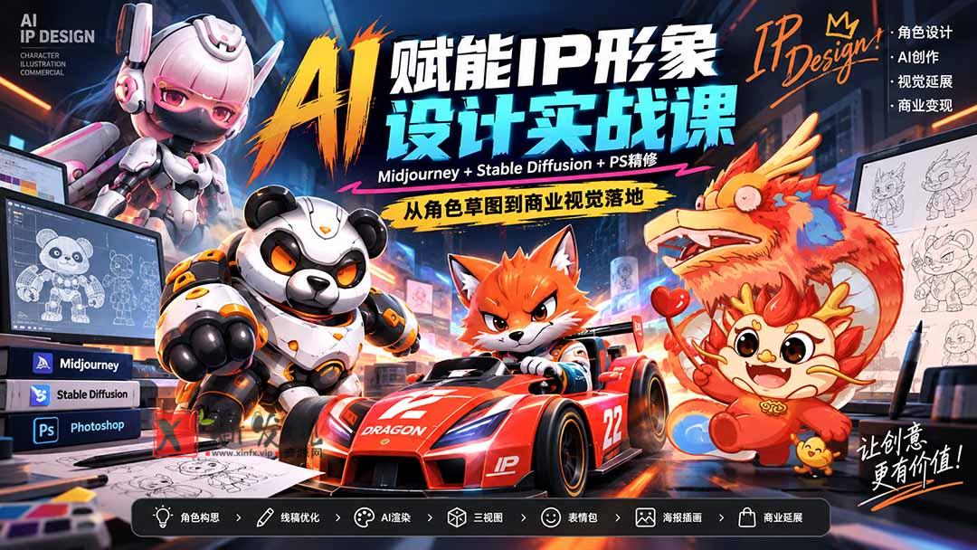 (20552期)AI赋能IP形象设计实战课-无水印:Midjourney+Stable Diffusion+PS精修,从角色草图到商业视觉落地-新发现资源网