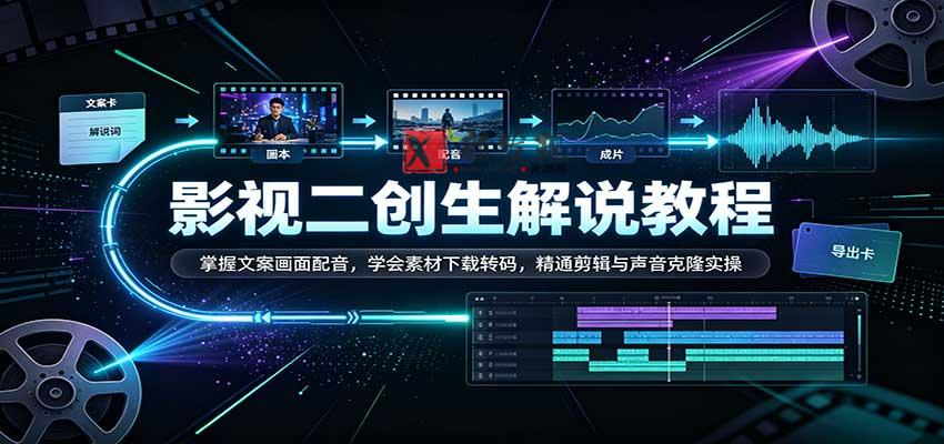 影视二创解说教程:掌握文案画面配音,学会素材下载转码,精通剪辑与声音克隆实操-新发现资源网