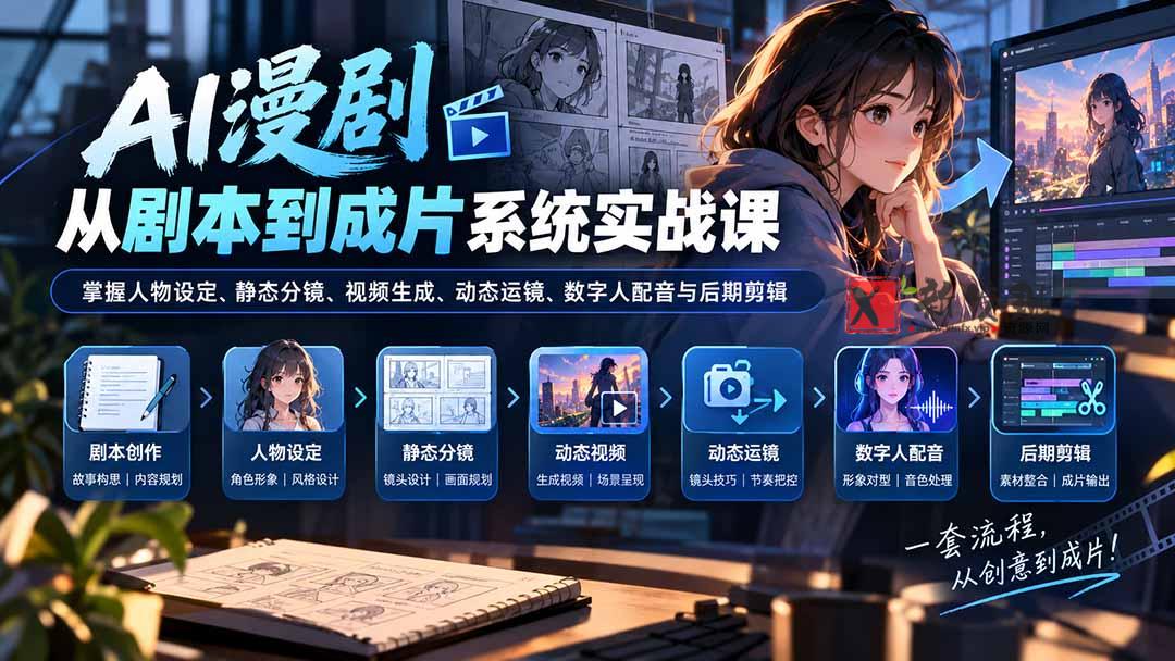（20375期）AI漫剧从剧本到成片系统实战课：掌握人物设定、静态分镜、视频生成、动态运镜、数字人配音与后期剪辑-新发现资源网
