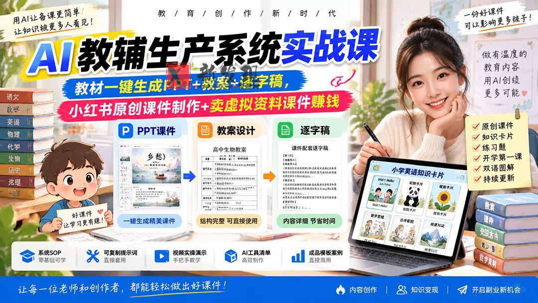 (20542期)AI教辅生产系统实战课|教材一键生成PPT+教案+逐字稿,小红书原创课件制作+卖虚拟资料课件赚钱-新发现资源网