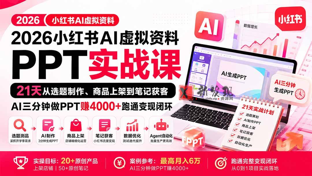 （20231期）2026小红书AI虚拟资料PPT实战课：21天从选题制作、商品上架到笔记获客，AI三分钟做PPT赚4000+跑通变现闭环-新发现资源网