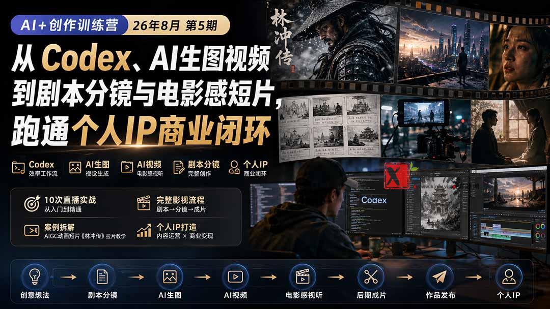 （20348期）AI+创作训练营26年第5期-更新：从Codex、AI生图视频到剧本分镜与电影感短片，跑通个人IP商业闭环-新发现资源网