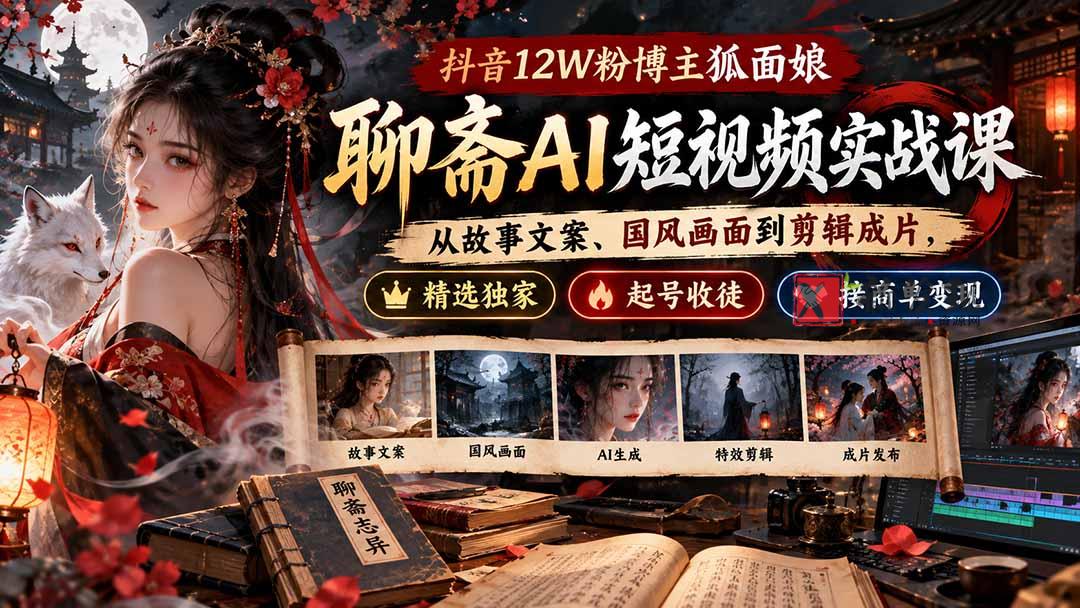 抖音12W粉博主狐面娘-聊斋AI短视频实战课：从故事文案、国风画面到剪辑成片，精选独家+起号收徒+接商单变现-新发现资源网
